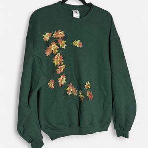 Vintage style green autumn leaf crew neck novelty sweatshirt cozy like new Large